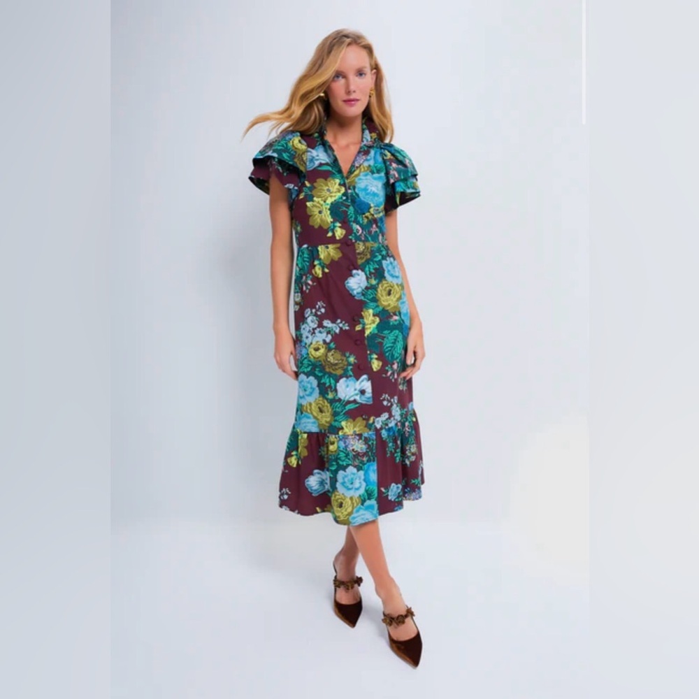 Tuckernuck Alice Verdant Floral Midi Dress NWT Small Oxblood Ruffle Sleeve - Picture 5 of 14
